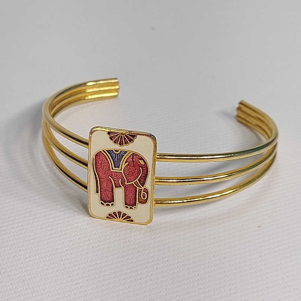 Enamel Elephant Triple Wire Gold Tone Open Cuff Bracelet